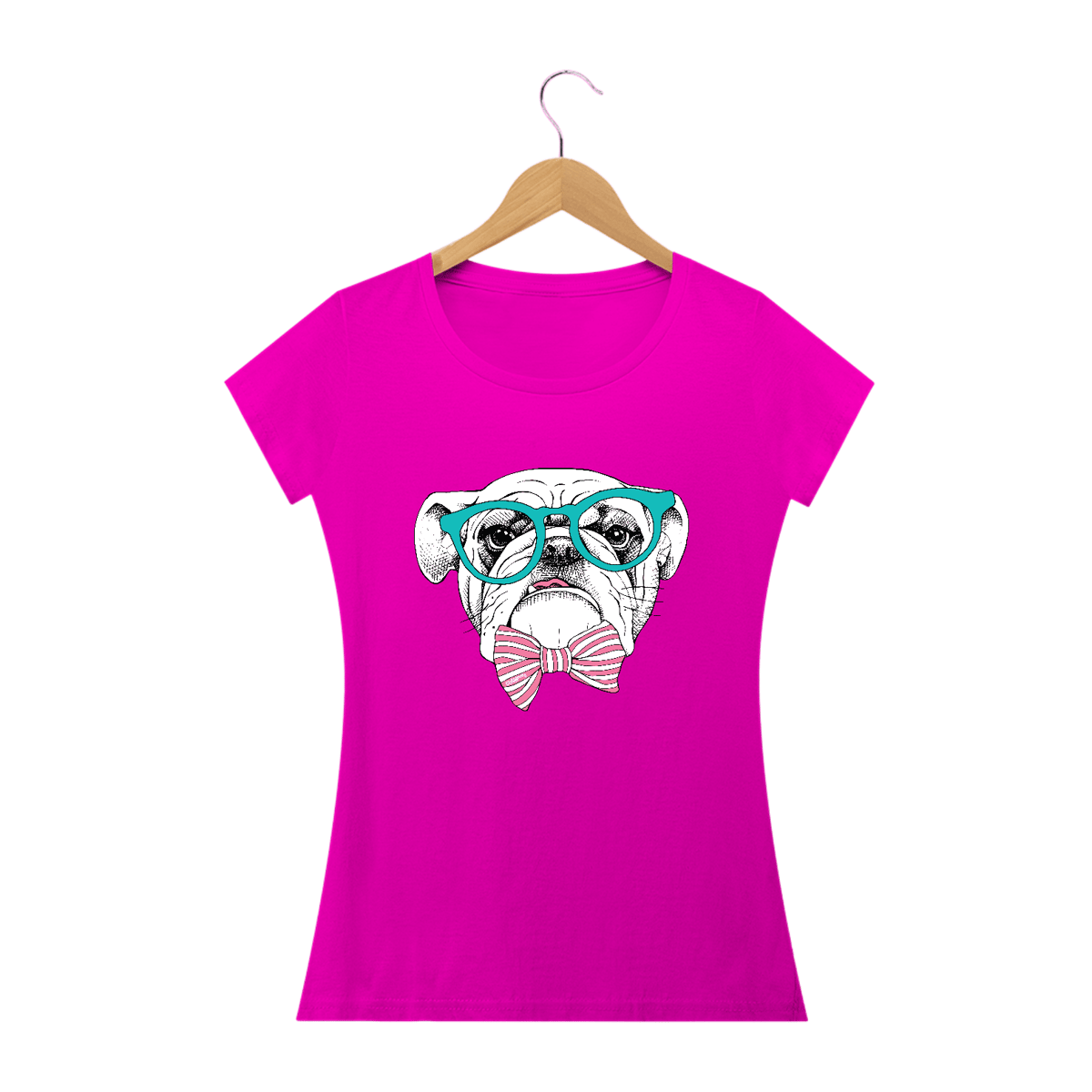 Nome do produto: Baby Look Bulldog Inglês de Óculos e Gravatinha