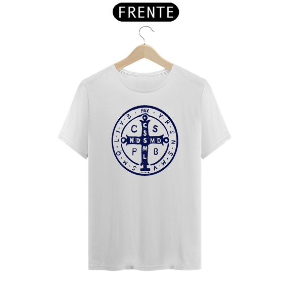 Camiseta Premium Medalha de São Bento Traço Azul Branca