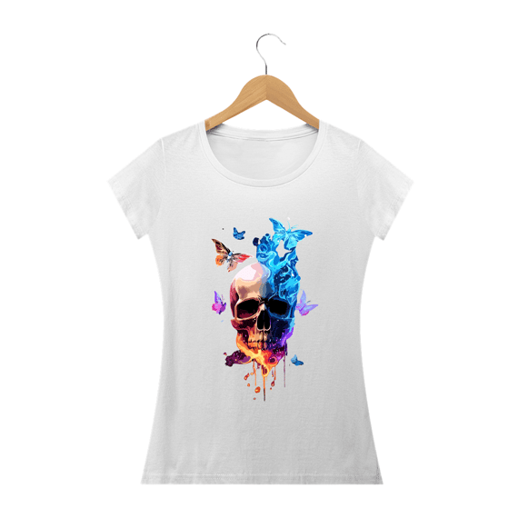 CAVEIRA BORBOLETAS ÁGUA FOGO - Camiseta Personalizada com Estampa de Caveira