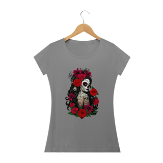 Nome do produto MEXICANA EM ROSAS - Camiseta Personalizada com Estampa Caveira