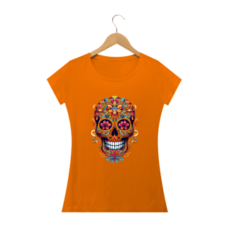 Nome do produto CAVEIRA MEXICANA FLOR LARANJA - Camiseta Personalizada com Estampa de Caveira Mexicana