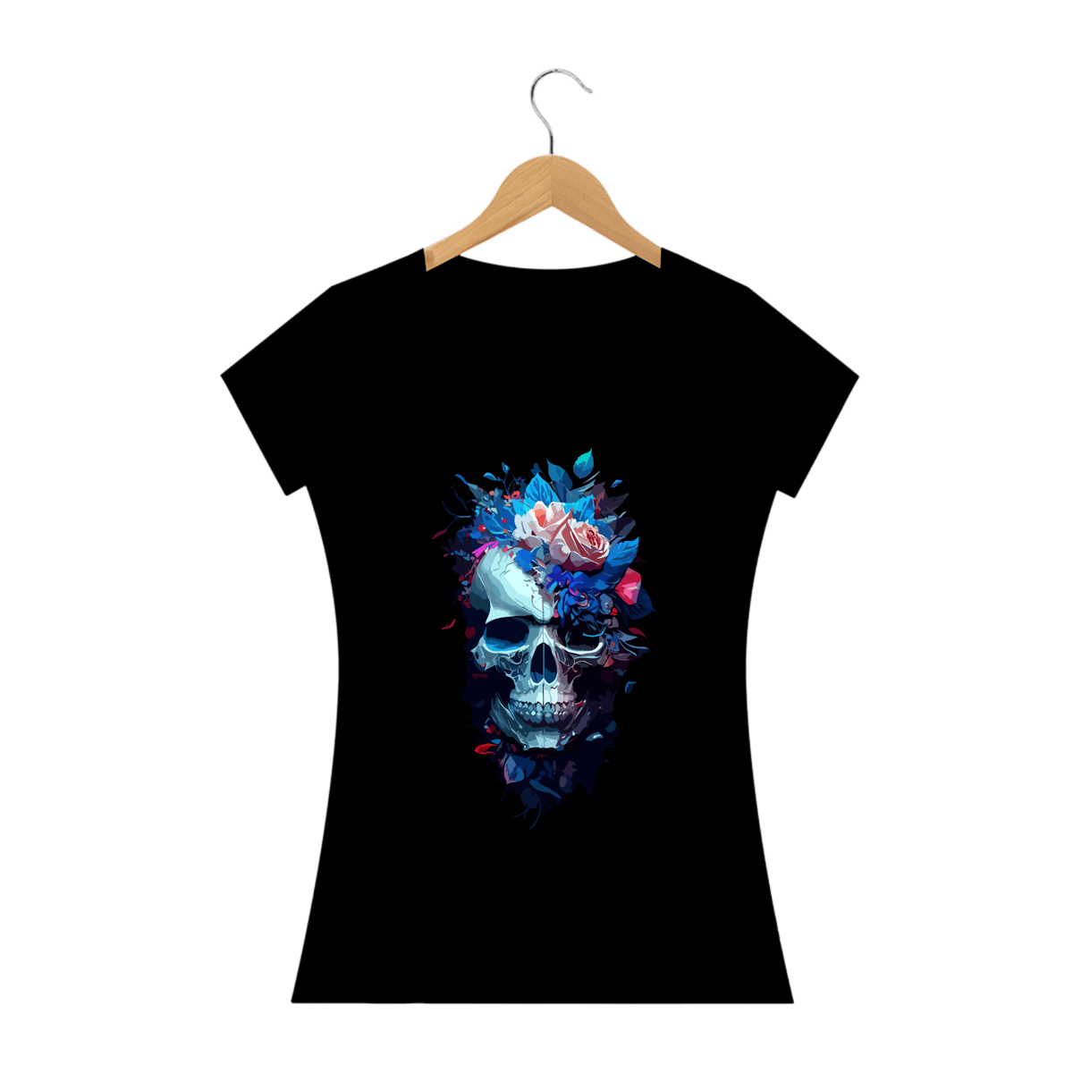 Nome do produto: CAVEIRA FLORES AZUIS - Camiseta Personalizada com Estampa de Caveira.svg