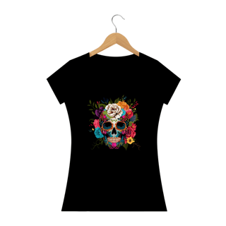 Nome do produto CAVEIRA MEXICANA ÓCULOS E FLORES- Camiseta Personalizada com Estampa de Caveira