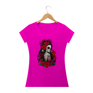 Nome do produto MEXICANA EM ROSAS - Camiseta Personalizada com Estampa Caveira