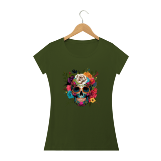 Nome do produto CAVEIRA MEXICANA ÓCULOS E FLORES- Camiseta Personalizada com Estampa de Caveira