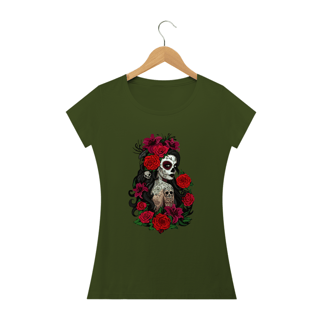 Nome do produto MEXICANA EM ROSAS - Camiseta Personalizada com Estampa Caveira