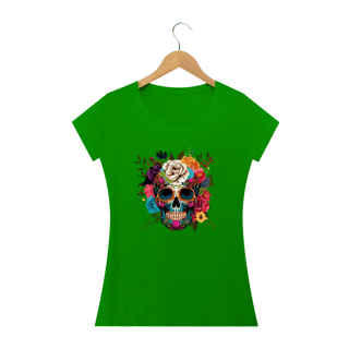 Nome do produto CAVEIRA MEXICANA ÓCULOS E FLORES- Camiseta Personalizada com Estampa de Caveira