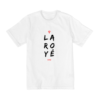 Nome do produto Camiseta Exu Saudação Laroyê Infantil 100% Algodão Fio 30.1, 165g com costura reforçada e gola ribana de alta qualidade