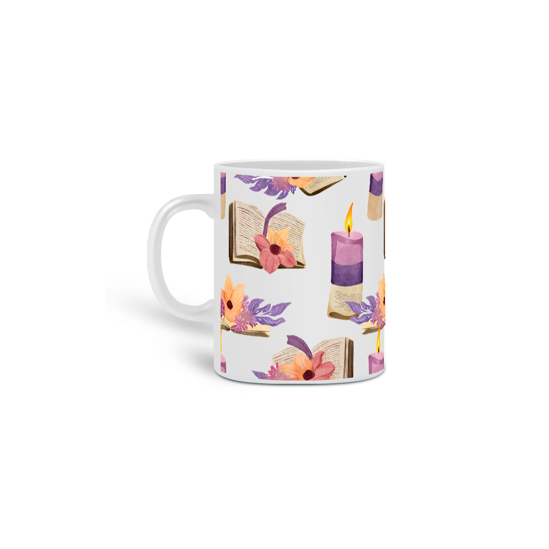 Nome do produto: Caneca Livros&Flores&Velas