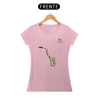 Nome do produtoCamiseta Premium Feminina Algodão Pima Estampada Musical Saxofone - Estilo Sonoro