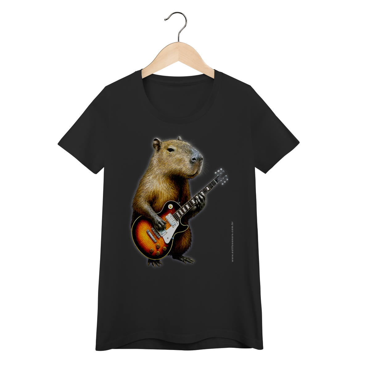 Camiseta Baby Long Capivara tocando Guitarra Quality Nome do produto: Camiseta Baby Long Capivara tocando Guitarra Quality