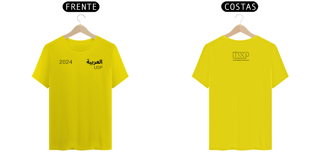 Nome do produto Camiseta Letras USP 2024 Árabe Modelo 1 com Logo nas Costas Cores Branca Amarela Cinza