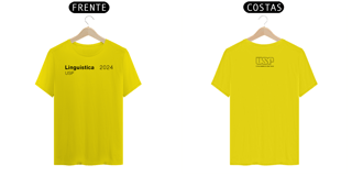 Nome do produto Camiseta Letras USP 2024 Linguística Modelo 1 com Logo nas Costas Cores Branca Amarela Cinza