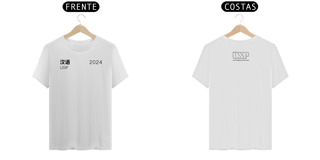 Nome do produto Camiseta Letras USP 2024 Chinês Modelo 1 com Logo nas Costas Cores Branca Amarela Cinza