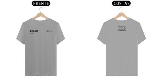 Camiseta Letras USP 2024 Inglês English Modelo 1 com Logo nas Costas Cores Branca Amarela Cinza