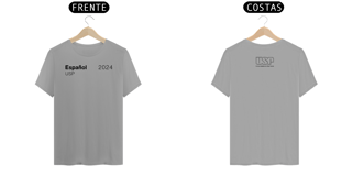 Camiseta Letras USP 2024 Espanhol Modelo 1 com Logo nas Costas Cores Branca Amarela Cinza