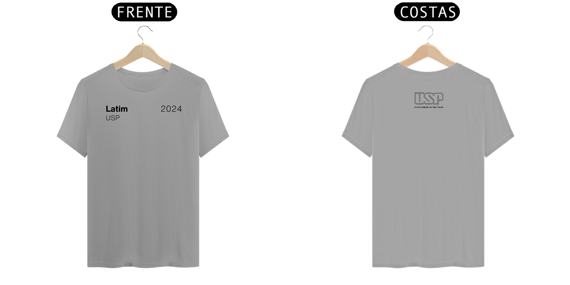 Camiseta Letras USP 2024 Latim Modelo 1 com Logo nas Costas Cores Branca Amarela Cinza