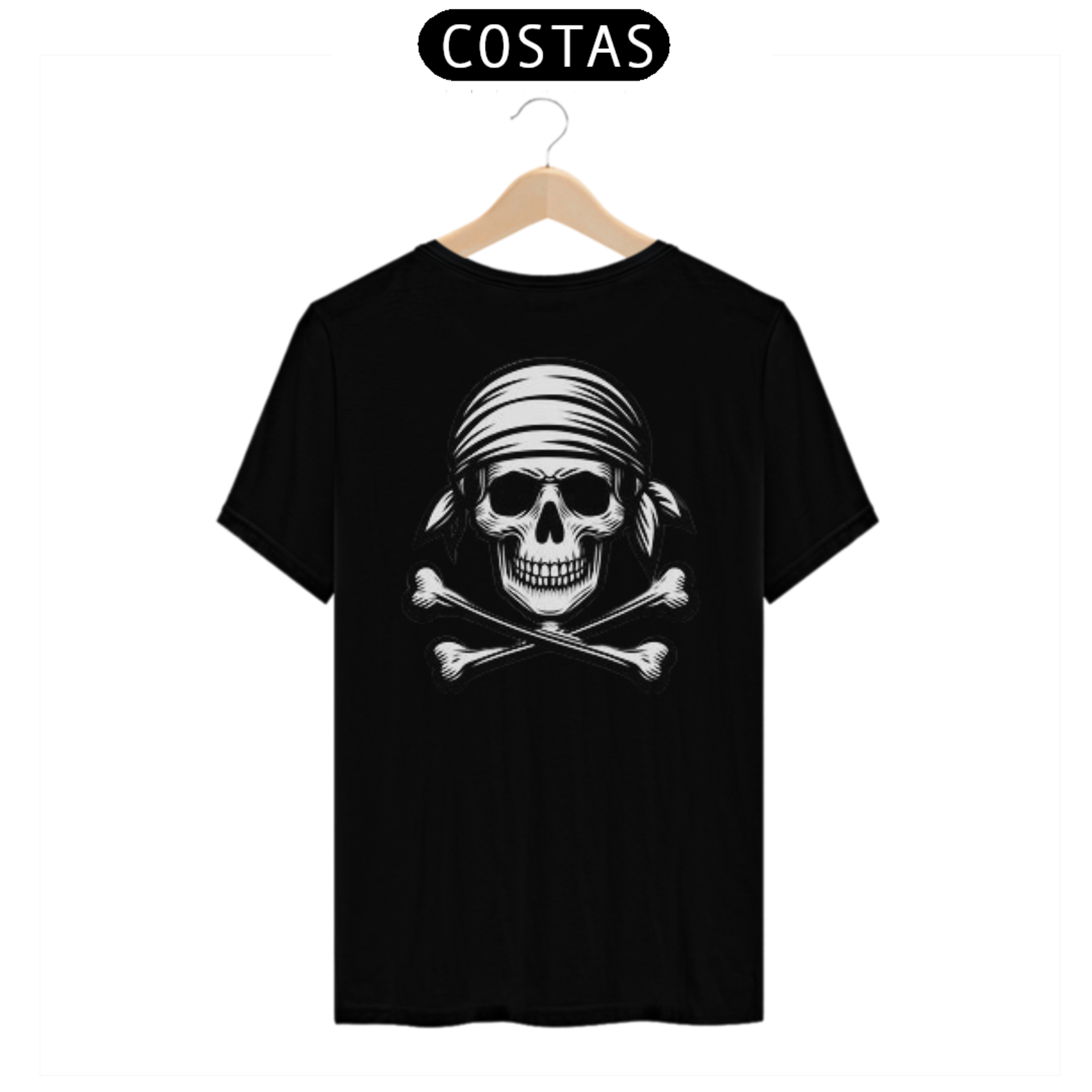 CAMISETA MASCULINA ESTAMPA CAVEIRA PIRATA COM BANDANA