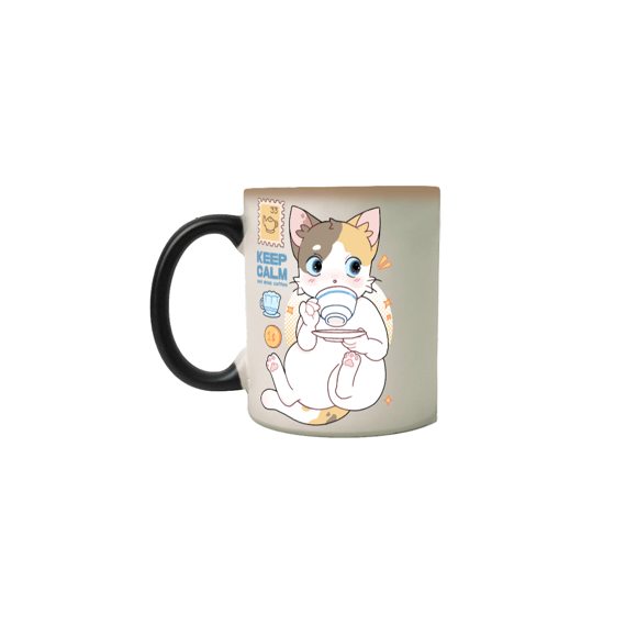 Caneca mágica gatinho tomando café