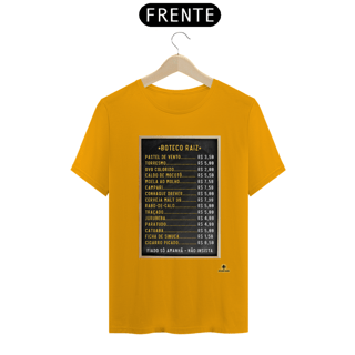 Nome do produto Camiseta Tabela de Preços do boteco raiz, com imagem de lousa com os preços dos produtos.