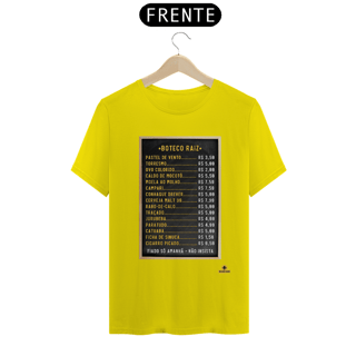 Nome do produto Camiseta Tabela de Preços do boteco raiz, com imagem de lousa com os preços dos produtos.