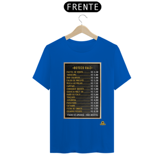 Nome do produto Camiseta Tabela de Preços do boteco raiz, com imagem de lousa com os preços dos produtos.