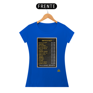 Nome do produto Camiseta feminina Tabela de Preços do boteco raiz, com imagem de lousa com os preços dos produtos.