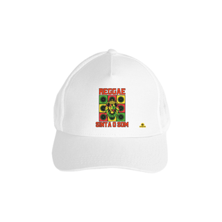 Nome do produto Boné aba curva Reggae, sinta o som, com estampa do Leão de Judah.