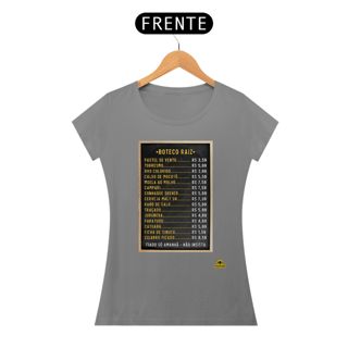 Nome do produto Camiseta feminina Tabela de Preços do boteco raiz, com imagem de lousa com os preços dos produtos.