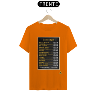 Nome do produto Camiseta Tabela de Preços do boteco raiz, com imagem de lousa com os preços dos produtos.