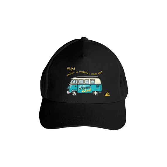 Boné aba curva de viagem com linda estampa de Kombi motor home e a frase 