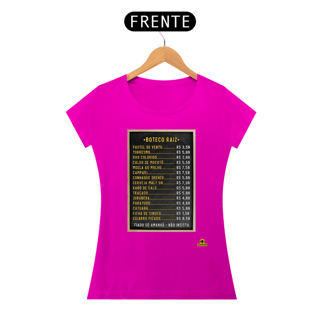 Nome do produto Camiseta feminina Tabela de Preços do boteco raiz, com imagem de lousa com os preços dos produtos.