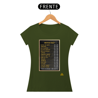 Nome do produto Camiseta feminina Tabela de Preços do boteco raiz, com imagem de lousa com os preços dos produtos.