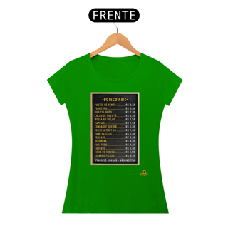 Nome do produto Camiseta feminina Tabela de Preços do boteco raiz, com imagem de lousa com os preços dos produtos.