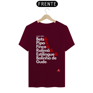 Nome do produto Camiseta retrô brincadeiras da minha infância: bets, pipa, pião, finca, rolimã, estilingue, bolinha de gude.