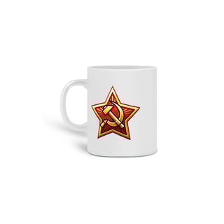 Caneca branca com símbolo soviético