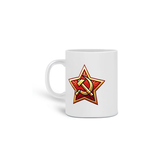Caneca branca com símbolo soviético