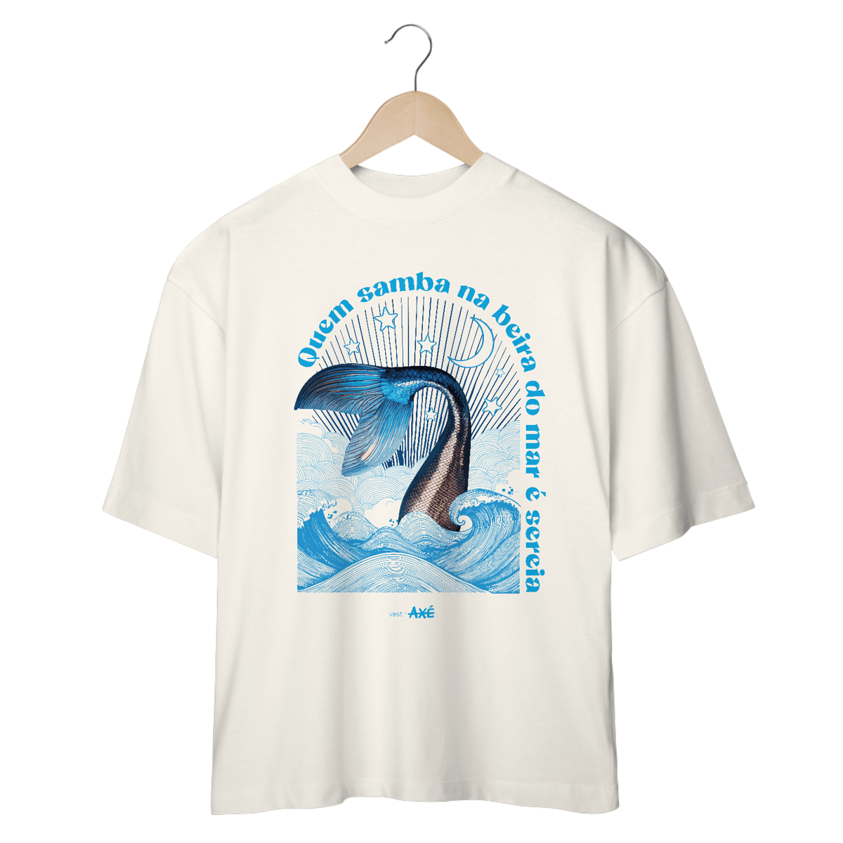 Nome do produto: Camiseta Oversized Quem samba na beira do mar é sereia