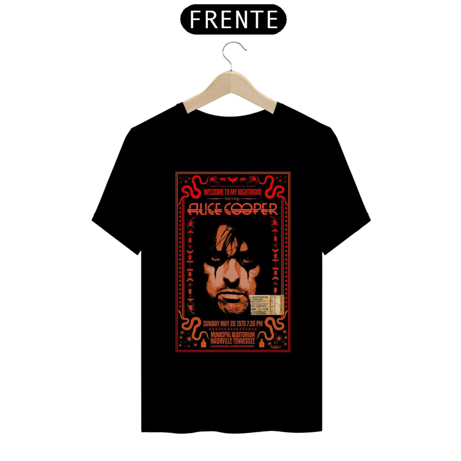 Camiseta Alice Cooper show de 1975 em Nashville com o ingresso original - ANTES DE COMPRAR VEJA TABELA DE MEDIDAS ABAIXO DO BOTÃO COMPRAR, POIS TROCA POR ERRO DE TAMANHO É DE RESPONSABILIDADE SUA E GERA CUSTO PRA VOCÊ