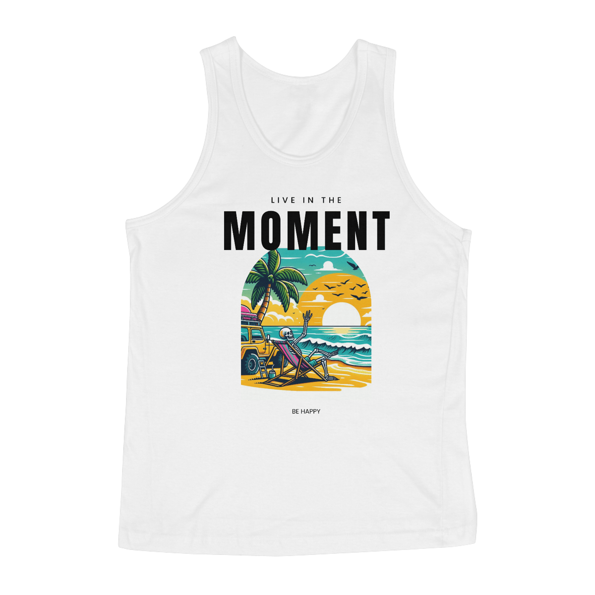 Nome do produto: Regata Masculina Live in The Moment, Be Happy