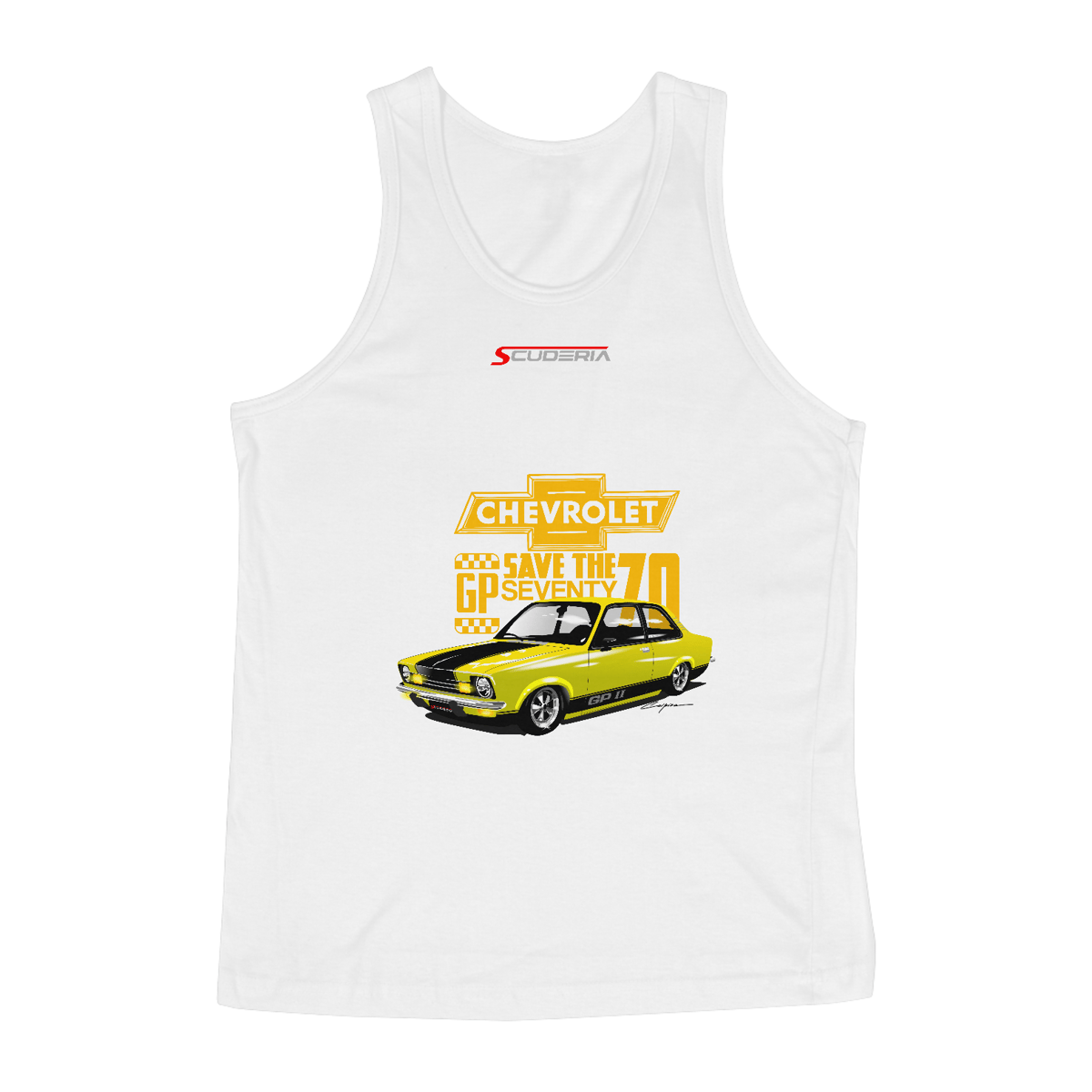 Nome do produto: Regata Masculina Quaity Coleção Anos 70 Chevette GPII Amarelo Scuderia