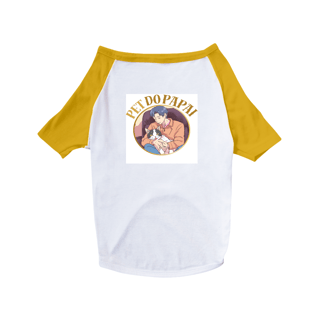 Nome do produto Camiseta pet com estampa de gato no colo do pai e frase: pet do papai