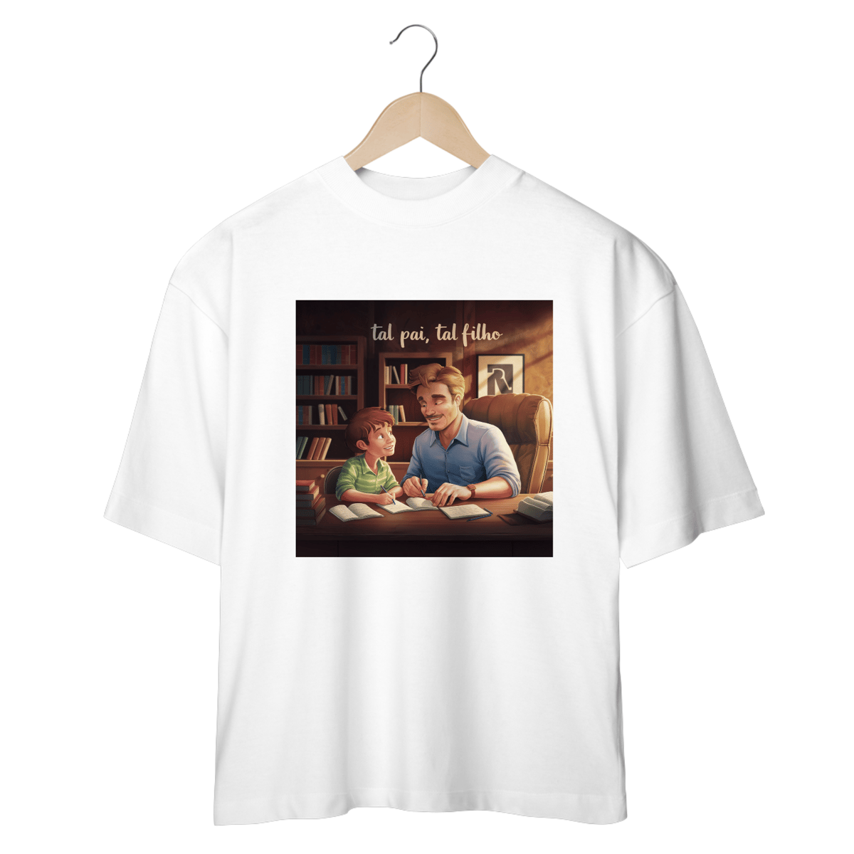 Nome do produto: Camiseta Oversized com estampa tal pai tal filho lendo