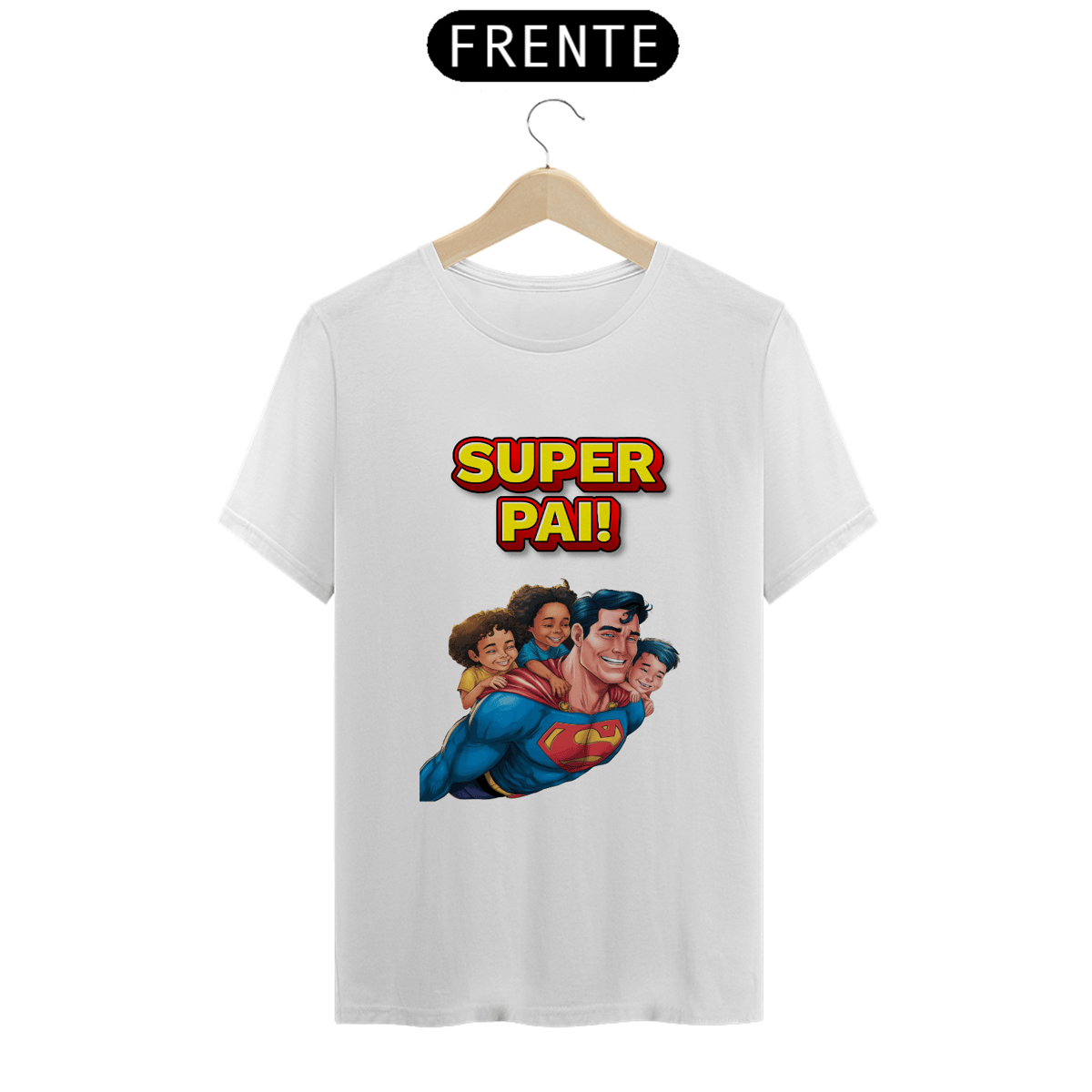 Nome do produto: T-Shirt Classic estampa de Super-Homem com 3 filhos e frase: Super pai