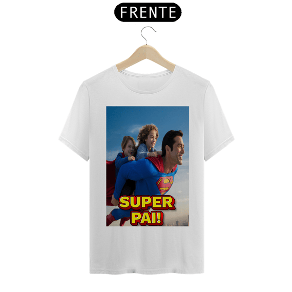 T-Shirt Classic com estampa de super homem e duas crianças e frase: super pai