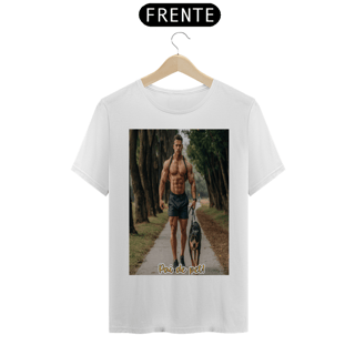 Nome do produto T-Shirt Prime com estampa de homem com pitbull e frase: pai de pet!