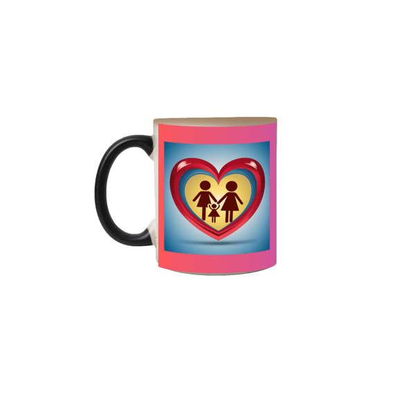 caneca mágica coração com duas mães e uma criança