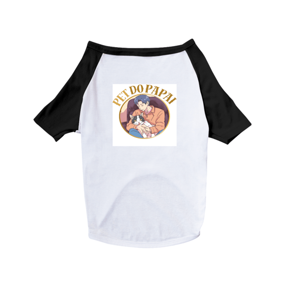 Camiseta pet com estampa de gato no colo do pai e frase: pet do papai
