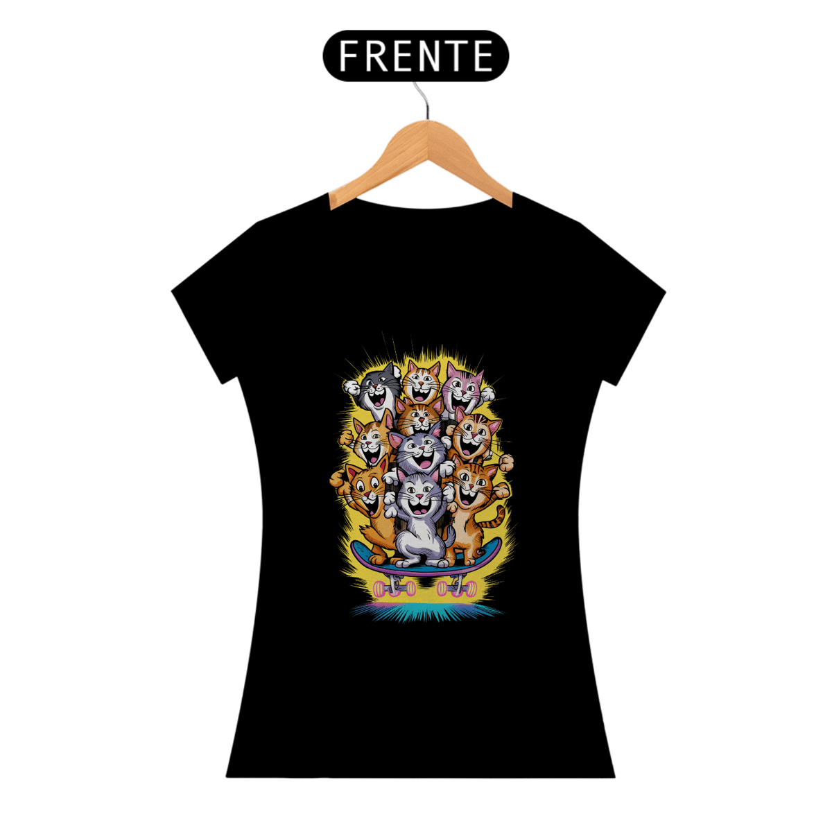 Nome do produto: Gatos Skatistas – A Energia dos Felinos em Movimento! - Camiseta Feminina
