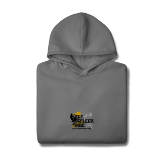 Nome do produto Eat, Sleep, Ride - Collab  Lá e de Moto Outra Vez  - Unissex, Moletom Canguru